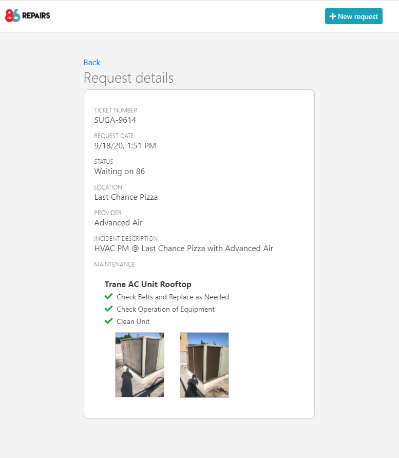 86 repairs request details